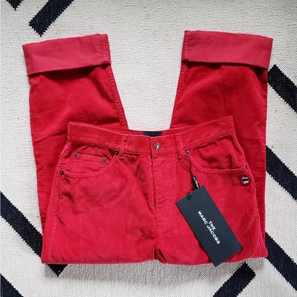 ♥️ Marc Jacobs ♥️ NWT Darling Red Corduroy Mid Rise Turn-Up Crop Pant Cuff 26 S - Picture 2 of 15